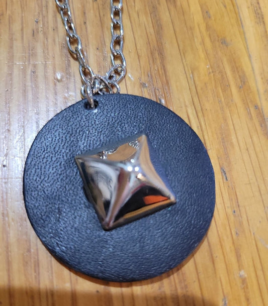 Cookie Lee Necklace silver tone Pyramid on black leather pendent