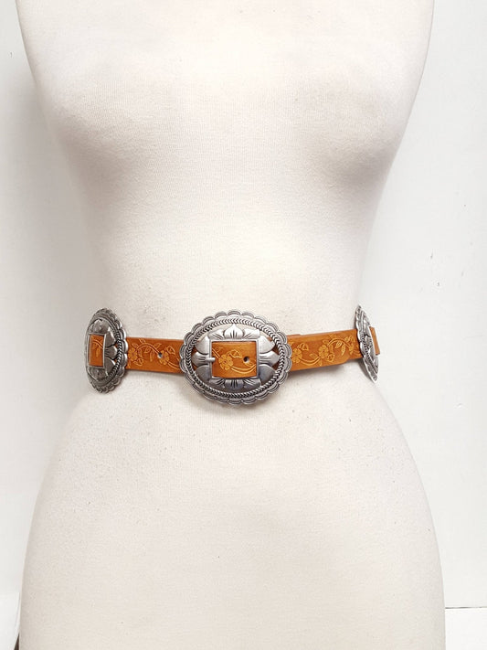 Western Oval Floral Concho Belt hand painted tooled belt