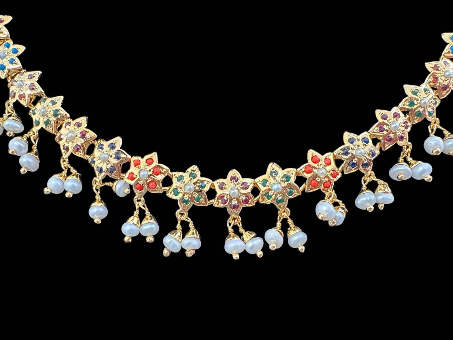 Navratan / Multicolored Jadau Necklace Set in Gold Plated Silver ( READY TO SHIP )