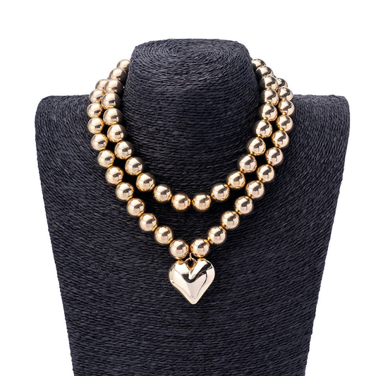 Multi-layer Round Beaded Necklace CCB love Pendent